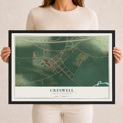 Map of Creswell, North Carolina, 12 x 18 inch print in a black wood frame