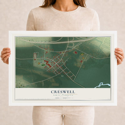 Map of Creswell, North Carolina, 12 x 18 inch print in a white wood frame