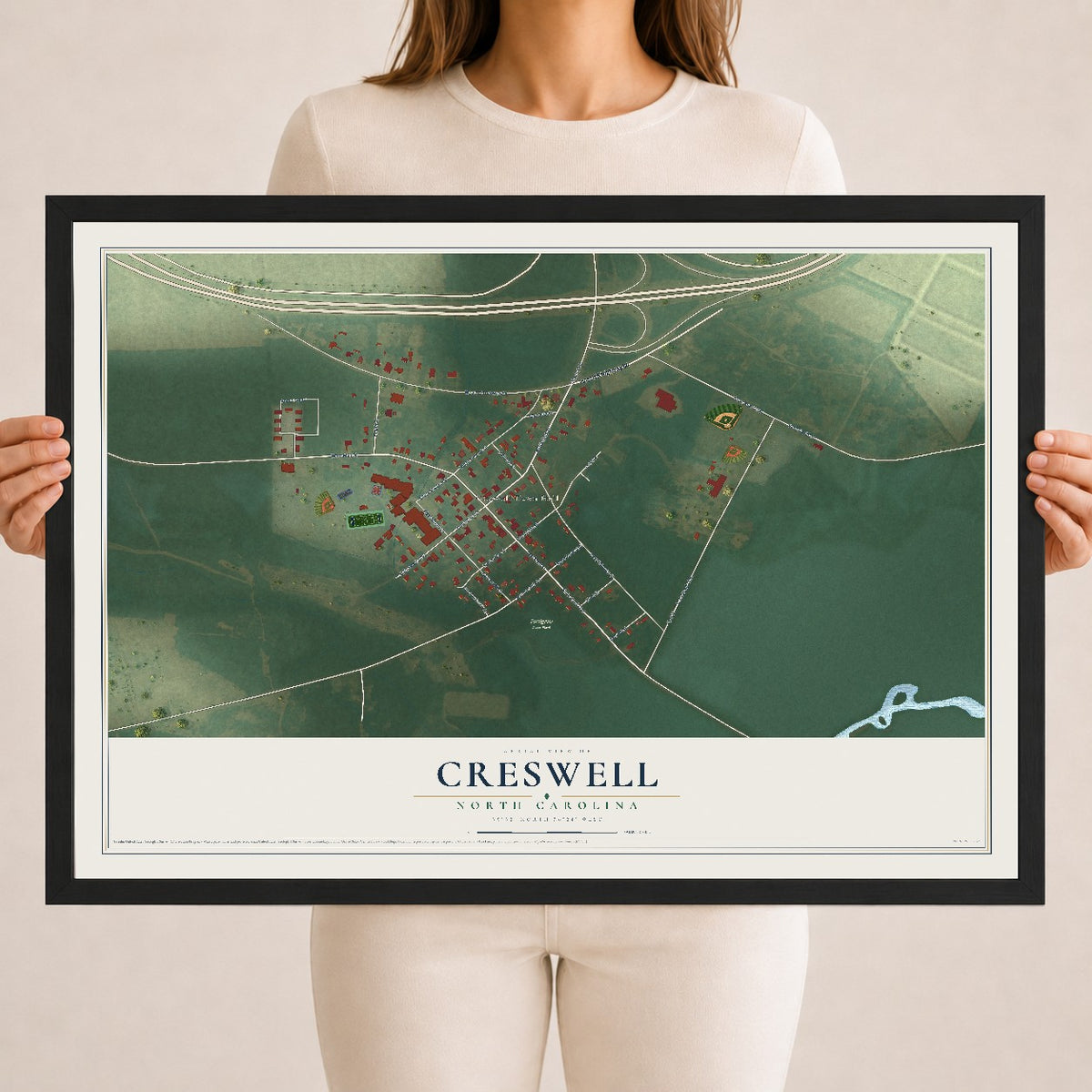 Map of Creswell, North Carolina, 18 x 24 inch print in a black wood frame