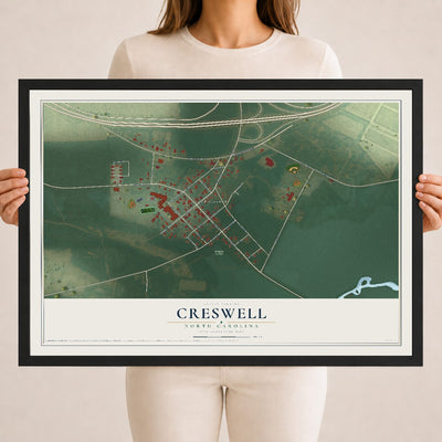 Map of Creswell, North Carolina, 18 x 24 inch print in a black wood frame