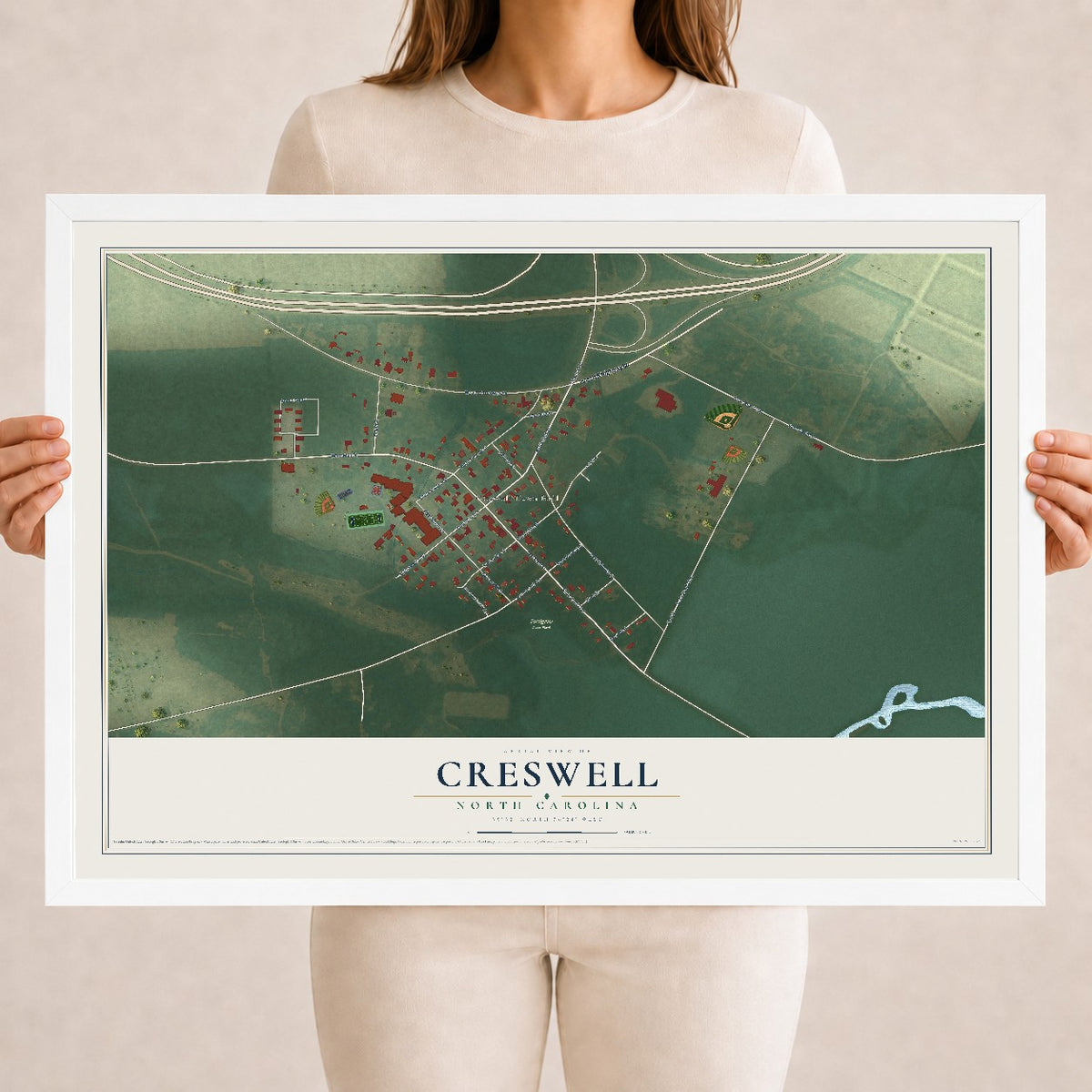 Map of Creswell, North Carolina, 18 x 24 inch print in a white wood frame