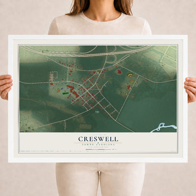 Map of Creswell, North Carolina, 18 x 24 inch print in a white wood frame