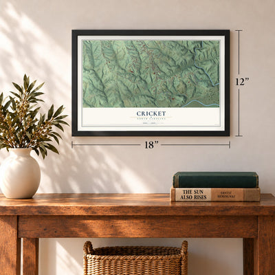 Cricket, North Carolina map, 12 x 18 inch print in a black frame in an entryway