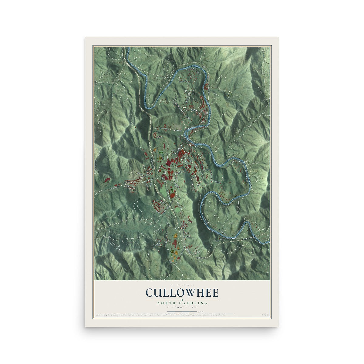 Map of Cullowhee, North Carolina, 12 x 18 inch unframed archival matte print