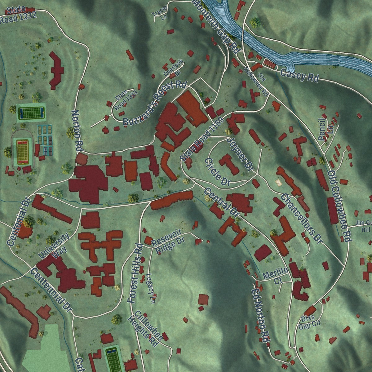 Close-up of the map of Cullowhee, North Carolina print showing street and building detail