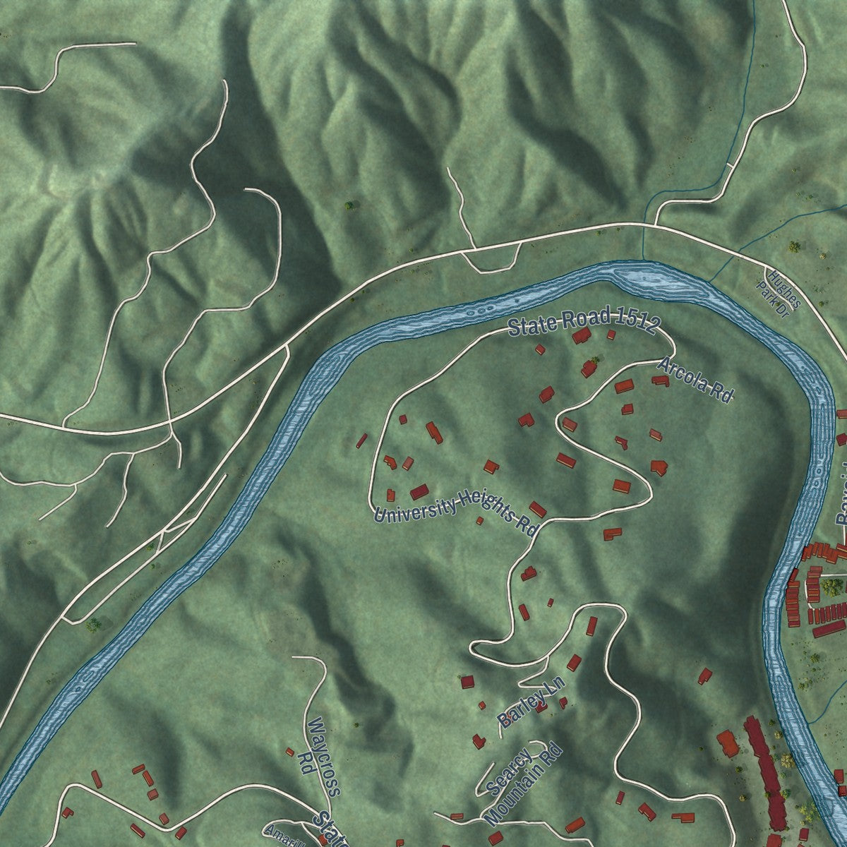 Second close-up of the map of Cullowhee, North Carolina print showing more streets and buildings