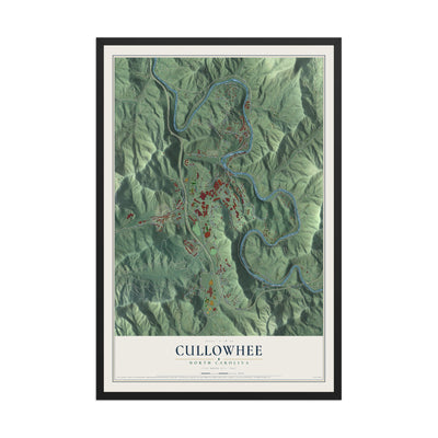 Map of Cullowhee, North Carolina, 12 x 18 inch print in a black wood frame