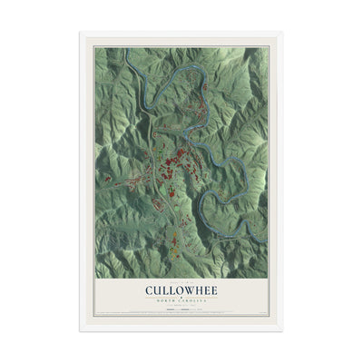 Map of Cullowhee, North Carolina, 12 x 18 inch print in a white wood frame