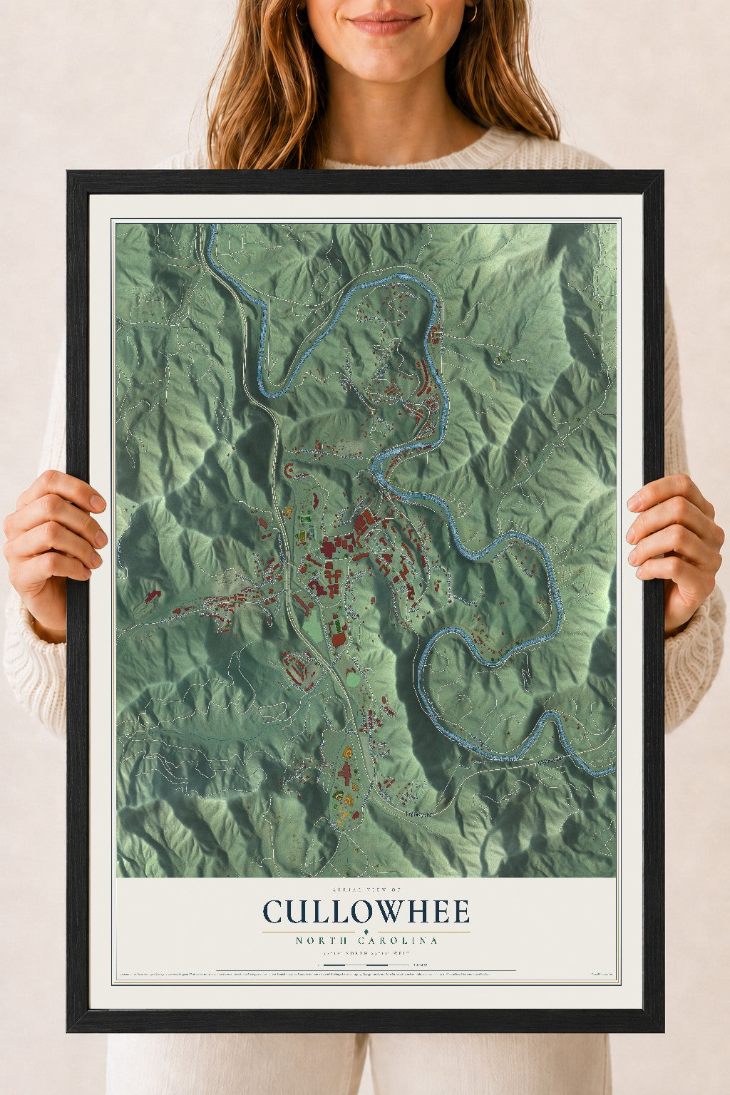 Map of Cullowhee, North Carolina, 18 x 24 inch print in a black wood frame