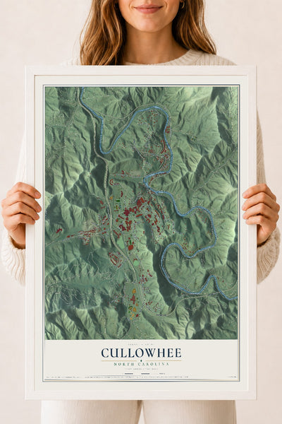 Map of Cullowhee, North Carolina, 18 x 24 inch print in a white wood frame
