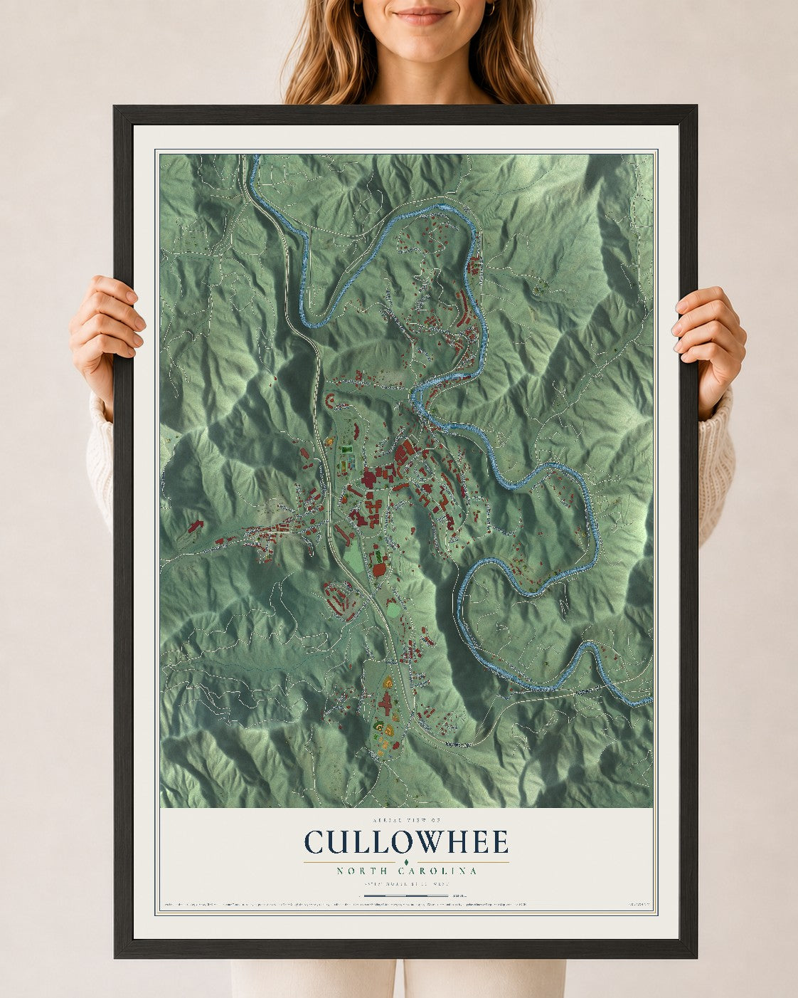 Map of Cullowhee, North Carolina, 24 x 36 inch print in a black wood frame