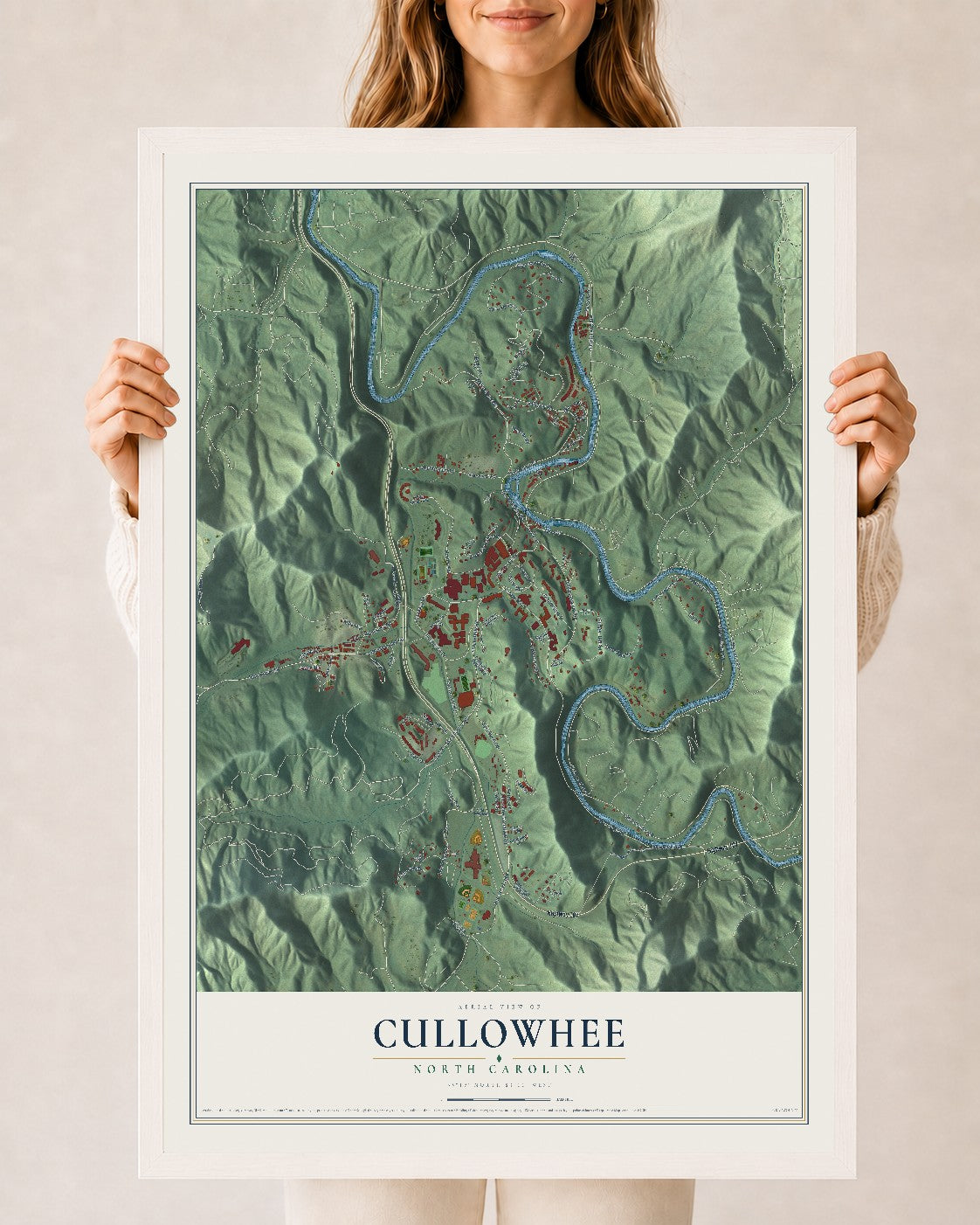 Map of Cullowhee, North Carolina, 24 x 36 inch print in a white wood frame
