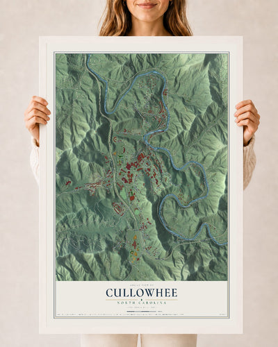 Map of Cullowhee, North Carolina, 24 x 36 inch print in a white wood frame