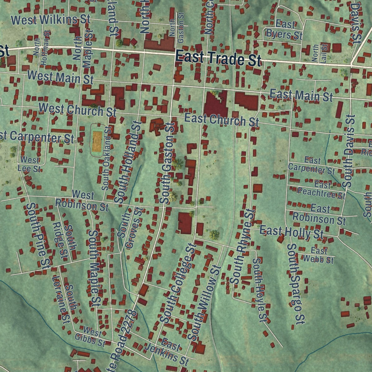Close-up of the map of Dallas, North Carolina print showing street and building detail