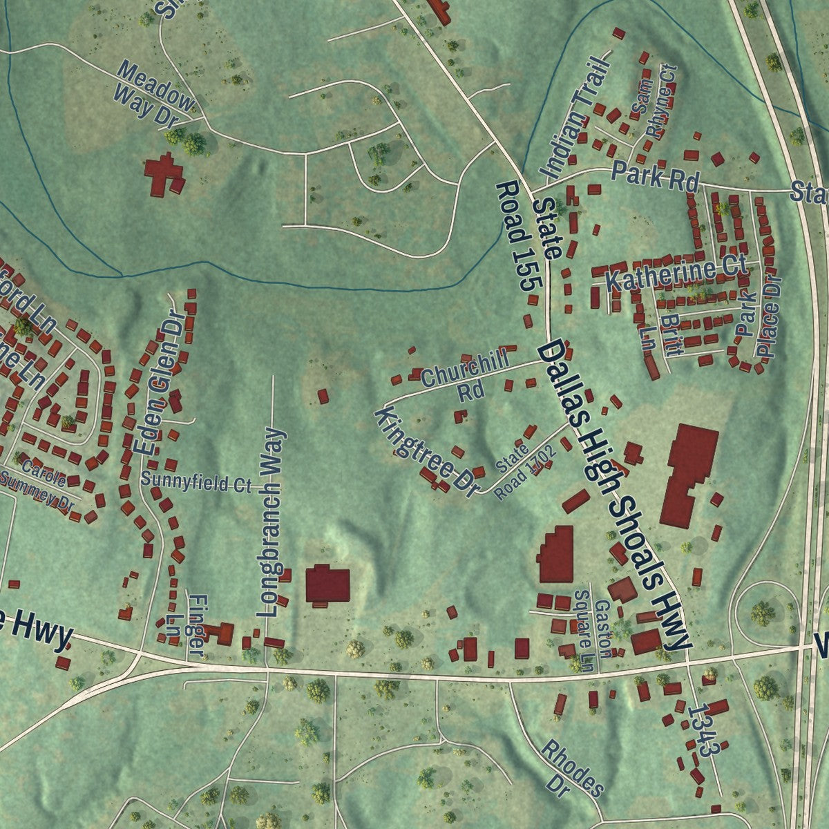 Second close-up of the map of Dallas, North Carolina print showing more streets and buildings
