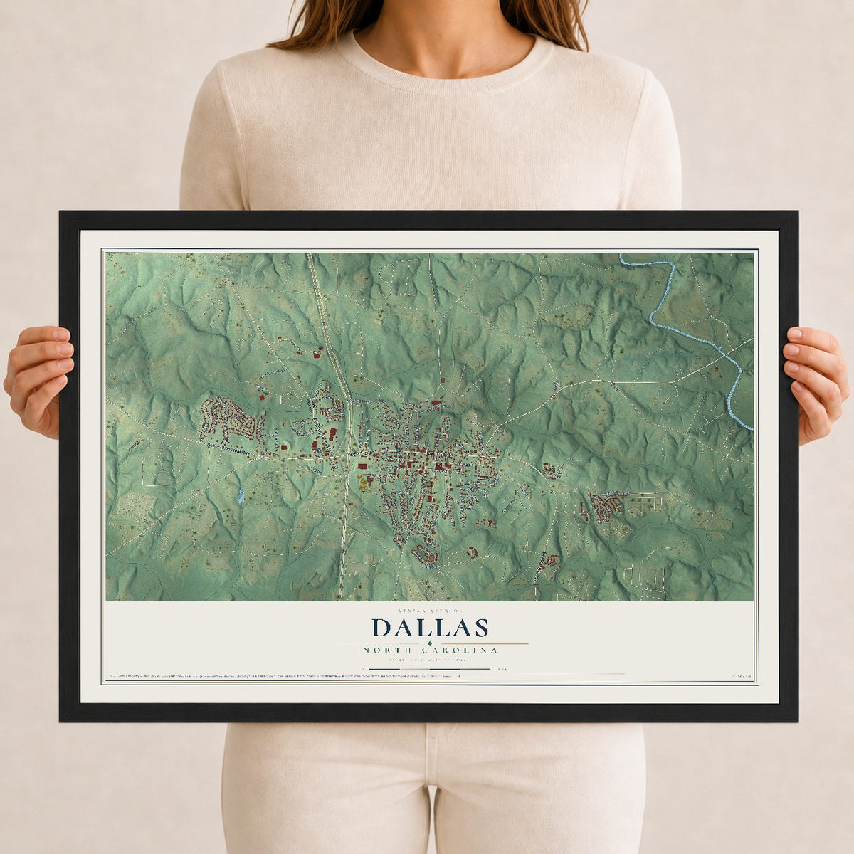 Map of Dallas, North Carolina, 12 x 18 inch print in a black wood frame