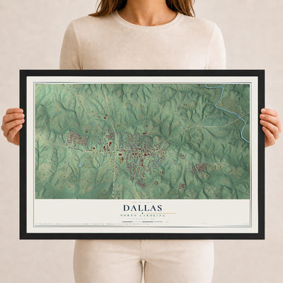 Map of Dallas, North Carolina, 12 x 18 inch print in a black wood frame