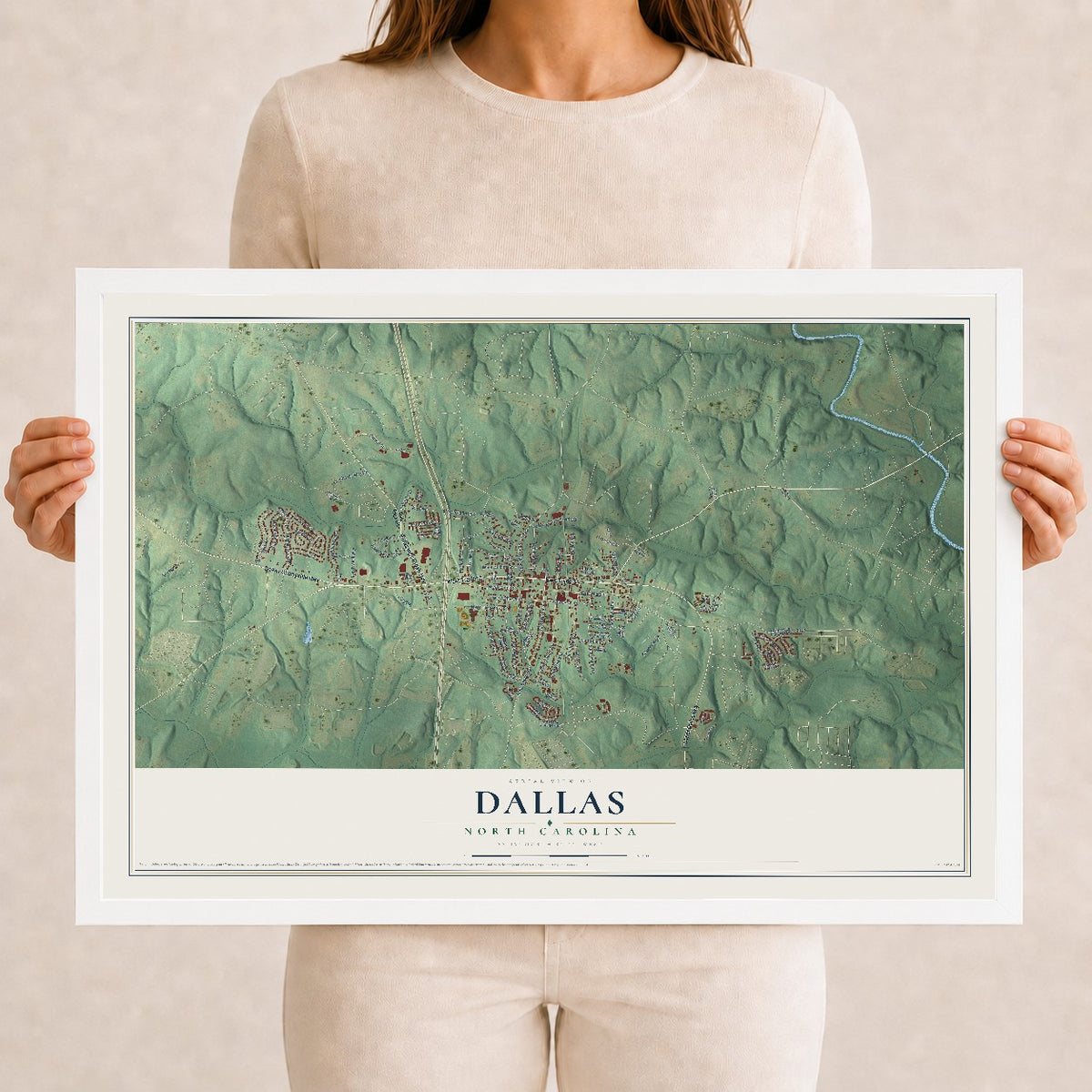 Map of Dallas, North Carolina, 12 x 18 inch print in a white wood frame