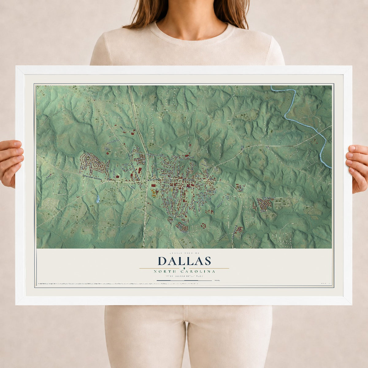 Map of Dallas, North Carolina, 18 x 24 inch print in a white wood frame