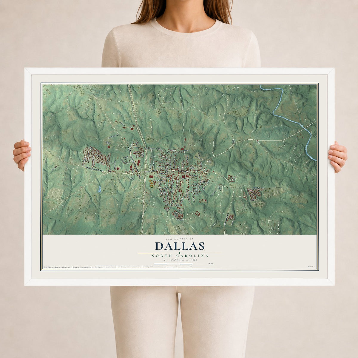 Map of Dallas, North Carolina, 24 x 36 inch print in a white wood frame