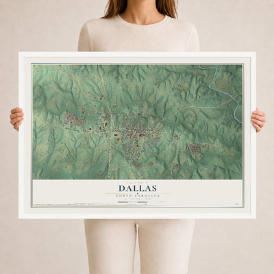 Map of Dallas, North Carolina, 24 x 36 inch print in a white wood frame