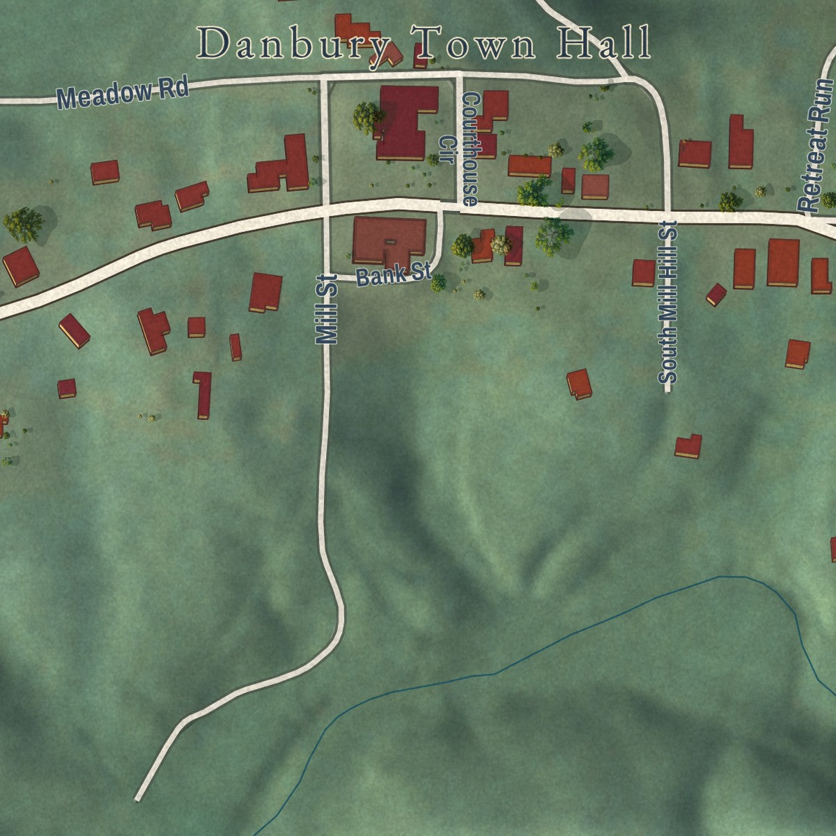 Second close-up of the map of Danbury, North Carolina print showing more streets and buildings