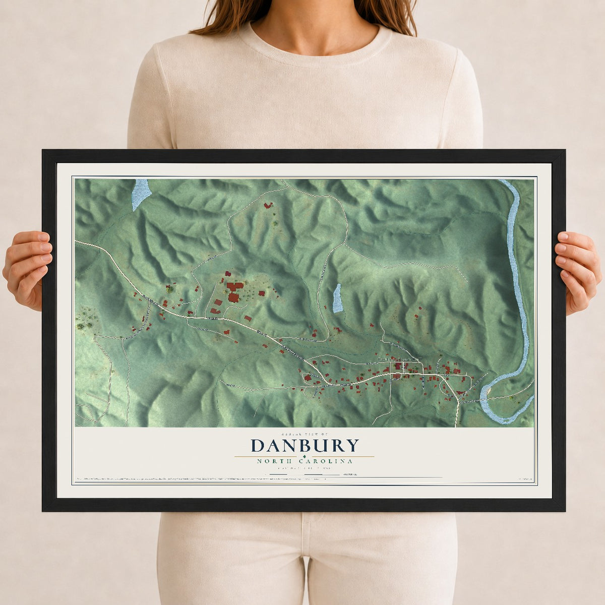 Map of Danbury, North Carolina, 12 x 18 inch print in a black wood frame