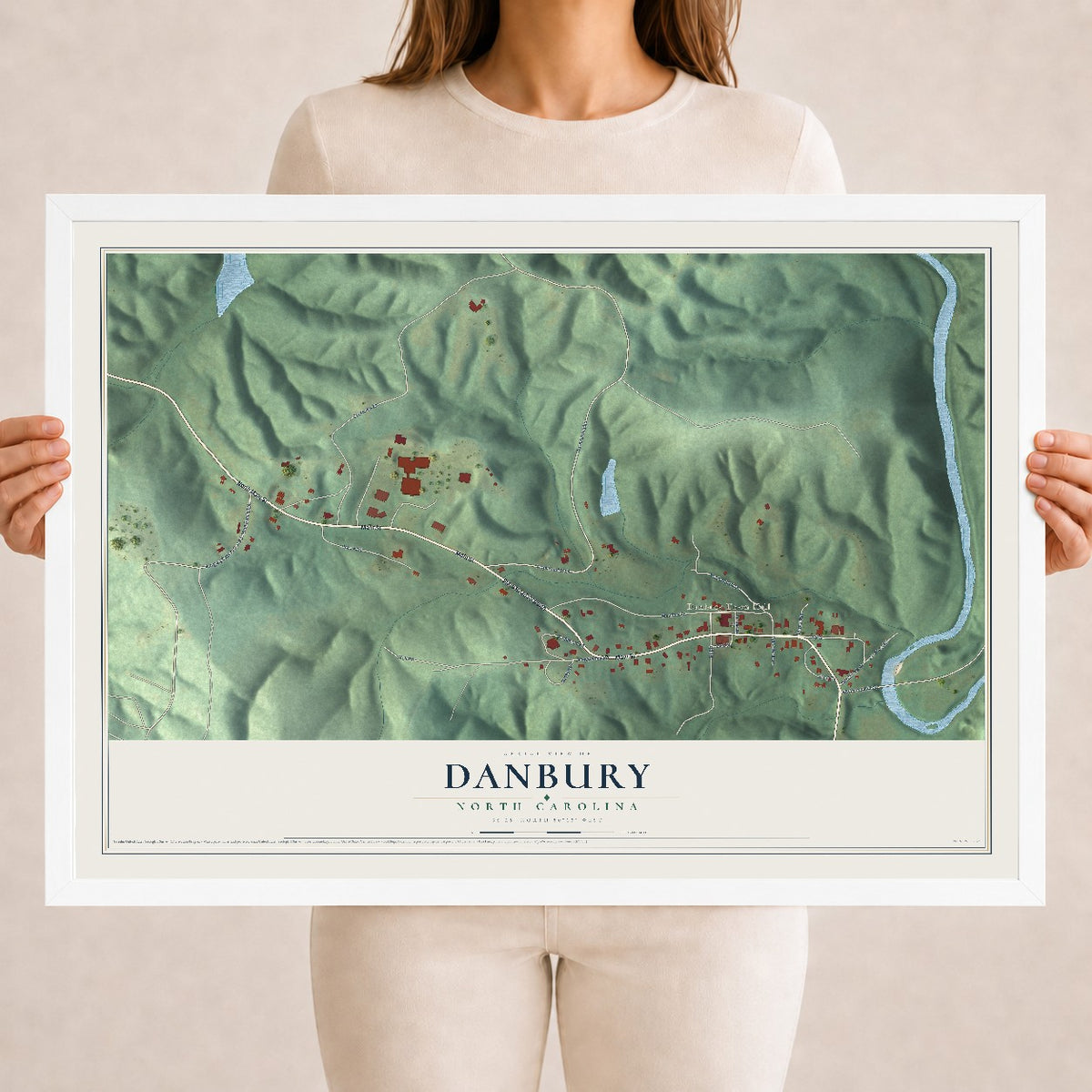 Map of Danbury, North Carolina, 18 x 24 inch print in a white wood frame