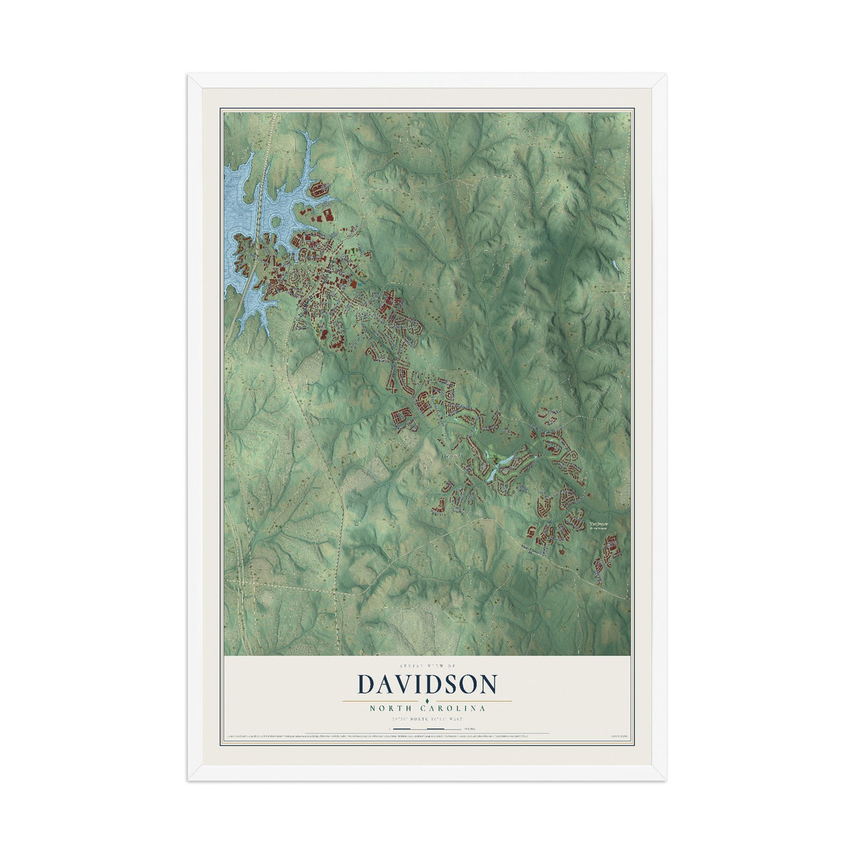 Map of Davidson, North Carolina, 12 x 18 inch print in a white wood frame