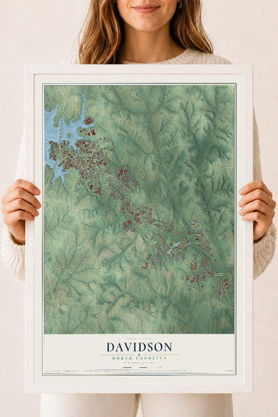 Map of Davidson, North Carolina, 18 x 24 inch print in a white wood frame