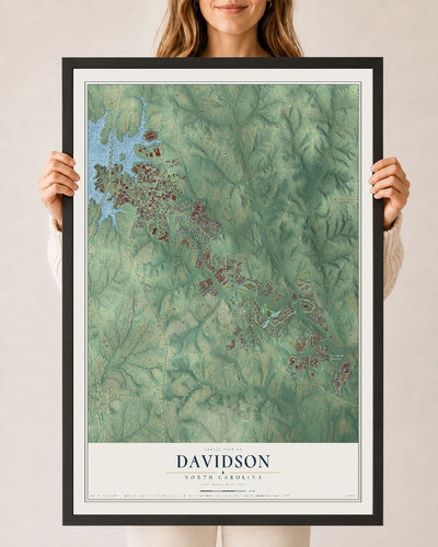 Map of Davidson, North Carolina, 24 x 36 inch print in a black wood frame