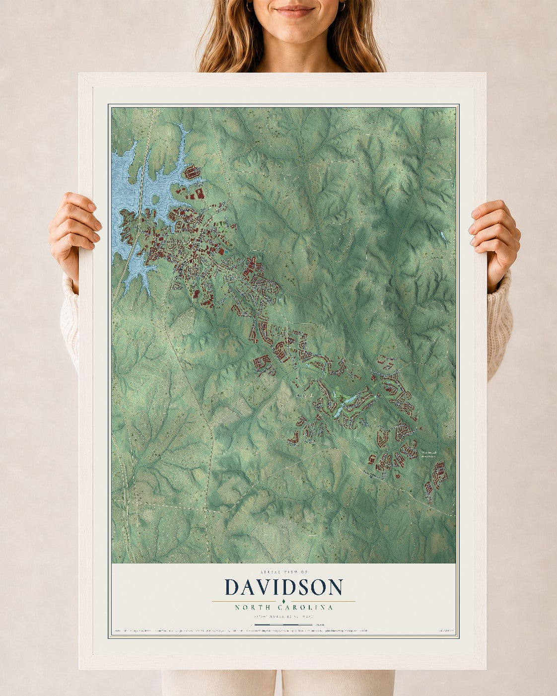 Map of Davidson, North Carolina, 24 x 36 inch print in a white wood frame