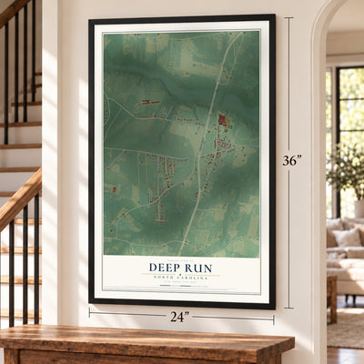 Deep Run, North Carolina map, 24 x 36 inch print in a black frame by a staircase