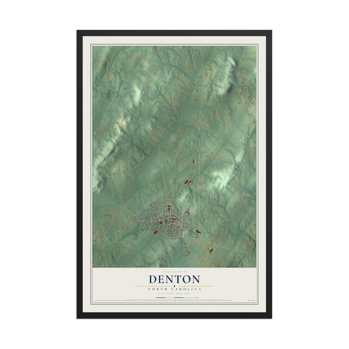 Map of Denton, North Carolina, 12 x 18 inch print in a black wood frame