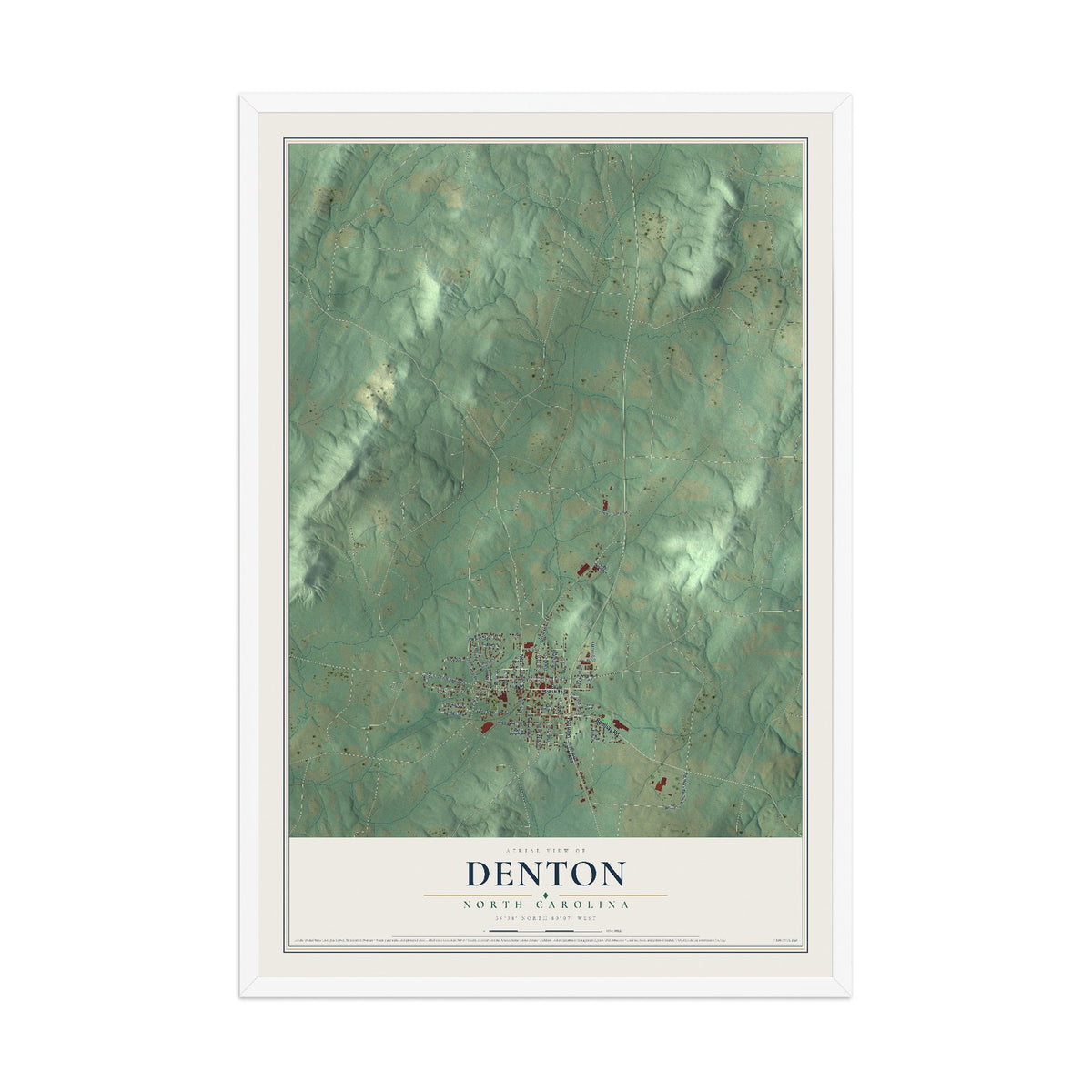 Map of Denton, North Carolina, 12 x 18 inch print in a white wood frame