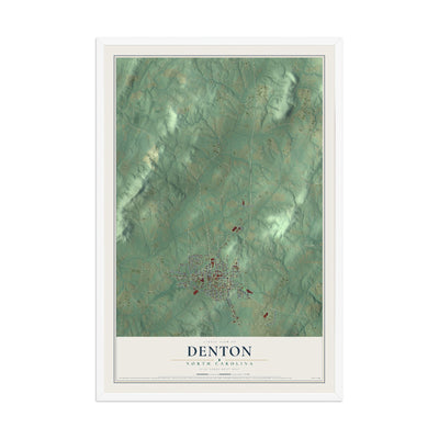 Map of Denton, North Carolina, 12 x 18 inch print in a white wood frame