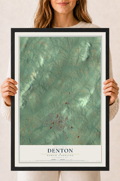 Map of Denton, North Carolina, 18 x 24 inch print in a black wood frame