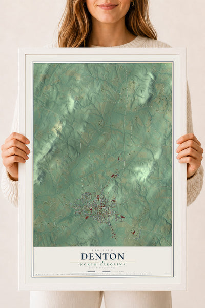 Map of Denton, North Carolina, 18 x 24 inch print in a white wood frame