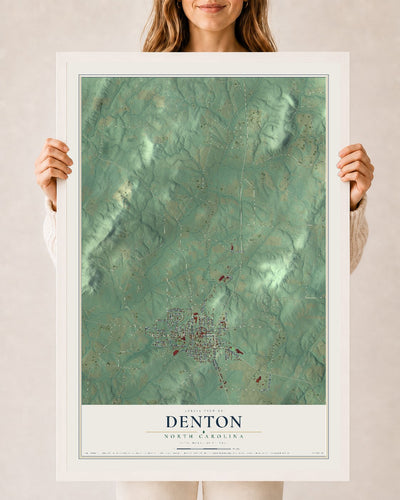 Map of Denton, North Carolina, 24 x 36 inch print in a white wood frame