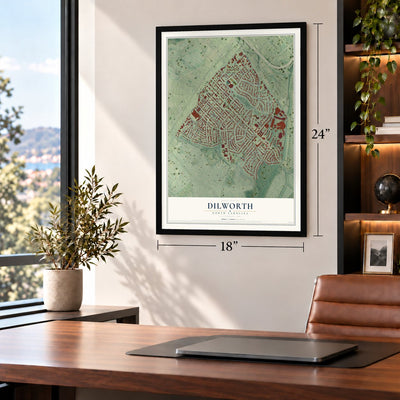 Dilworth, North Carolina map, 18 x 24 inch print in a black frame in a home office
