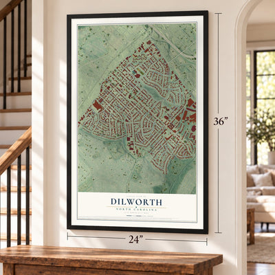Dilworth, North Carolina map, 24 x 36 inch print in a black frame by a staircase