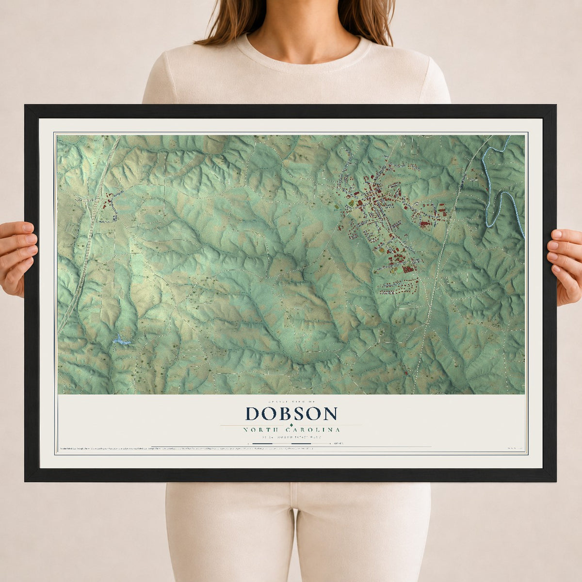 Map of Dobson, North Carolina, 18 x 24 inch print in a black wood frame