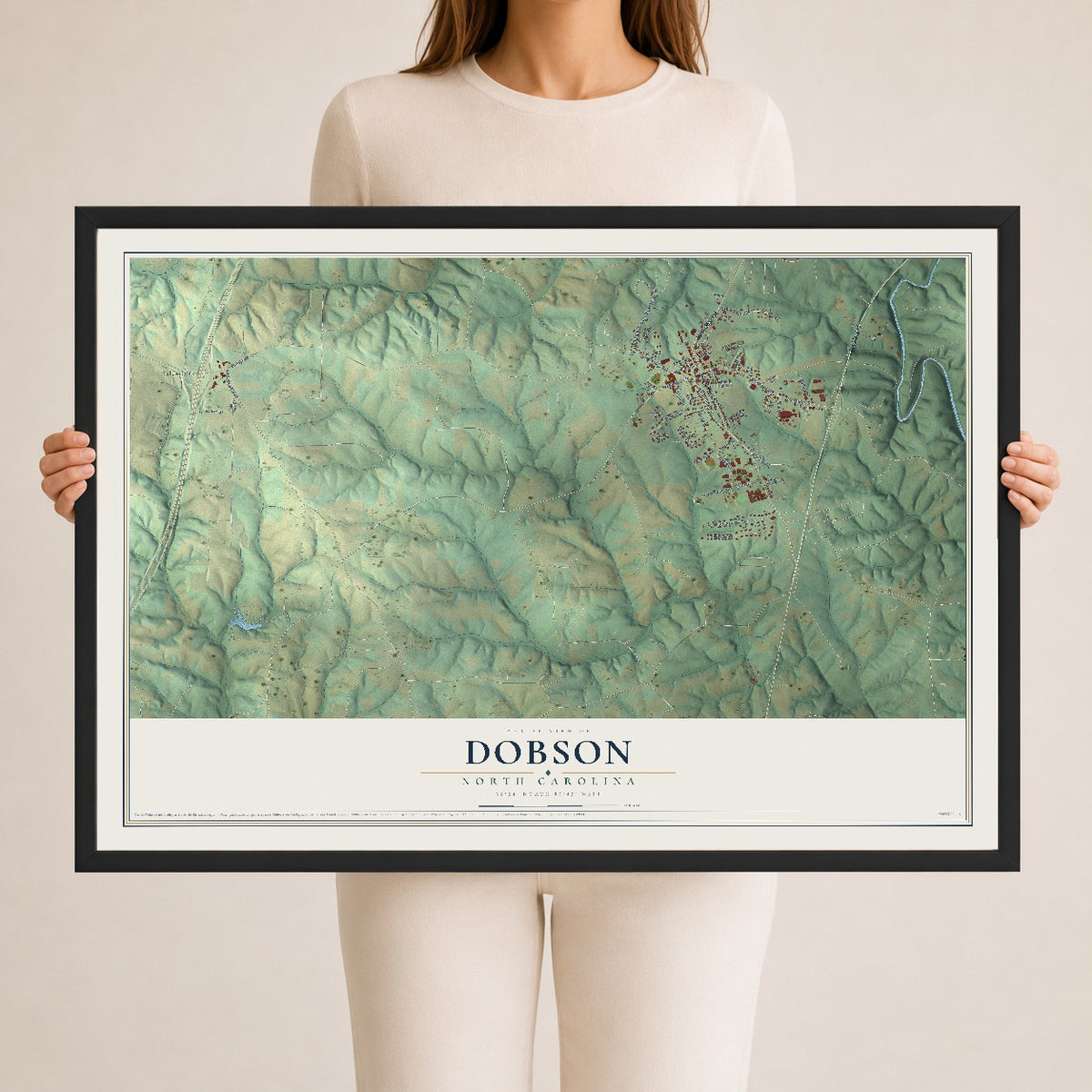 Map of Dobson, North Carolina, 24 x 36 inch print in a black wood frame
