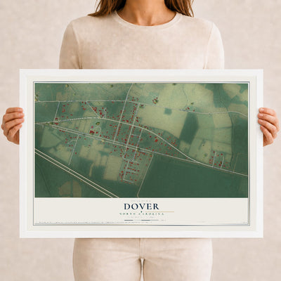 Map of Dover, North Carolina, 12 x 18 inch print in a white wood frame