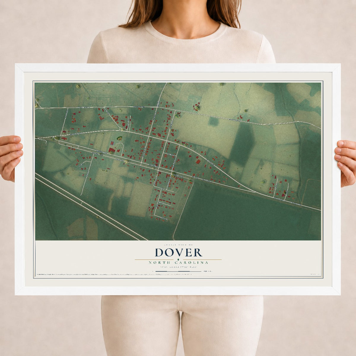 Map of Dover, North Carolina, 18 x 24 inch print in a white wood frame