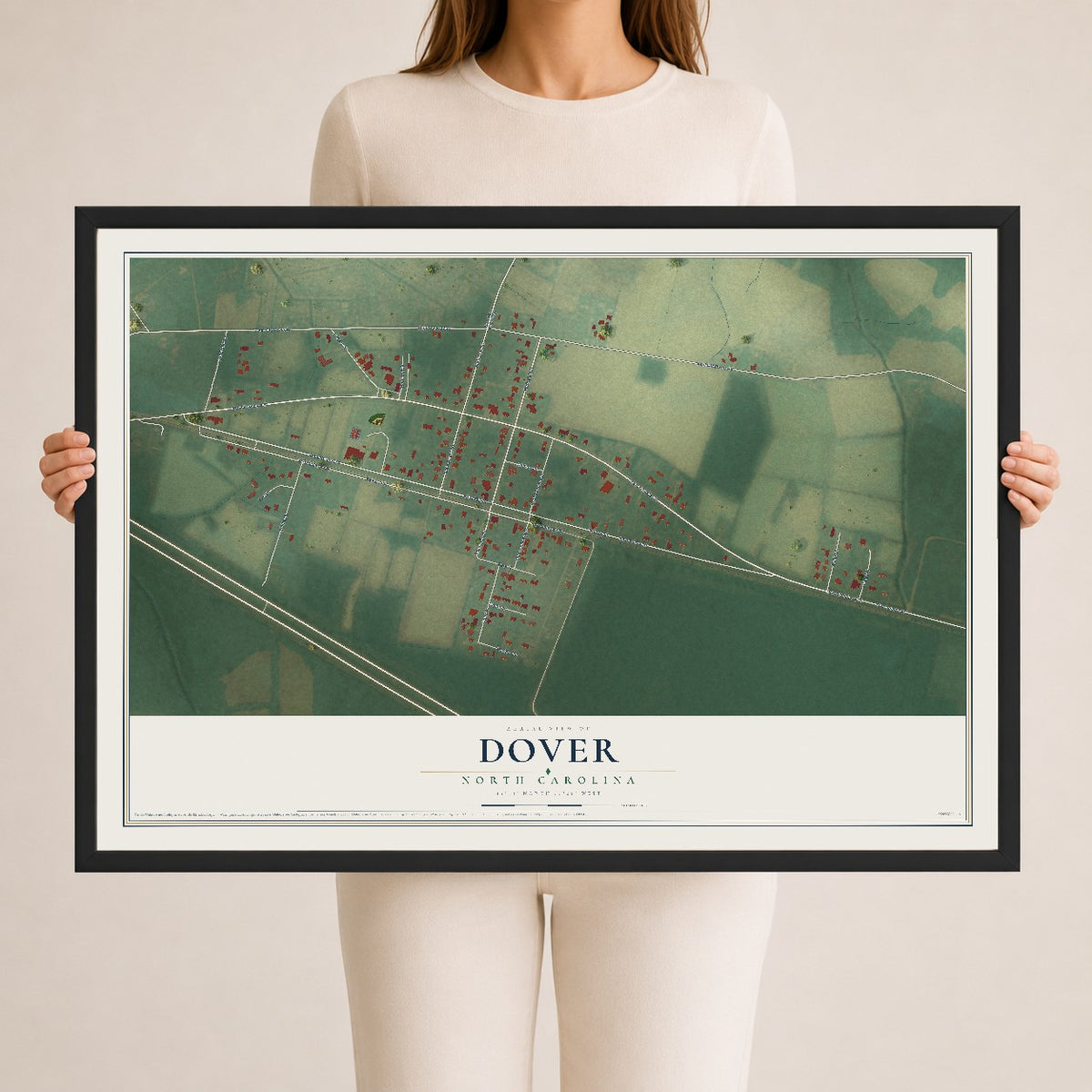 Map of Dover, North Carolina, 24 x 36 inch print in a black wood frame