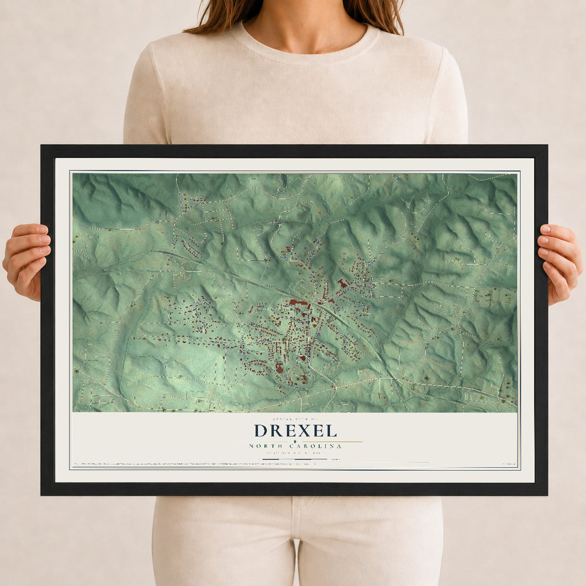 Map of Drexel, North Carolina, 12 x 18 inch print in a black wood frame