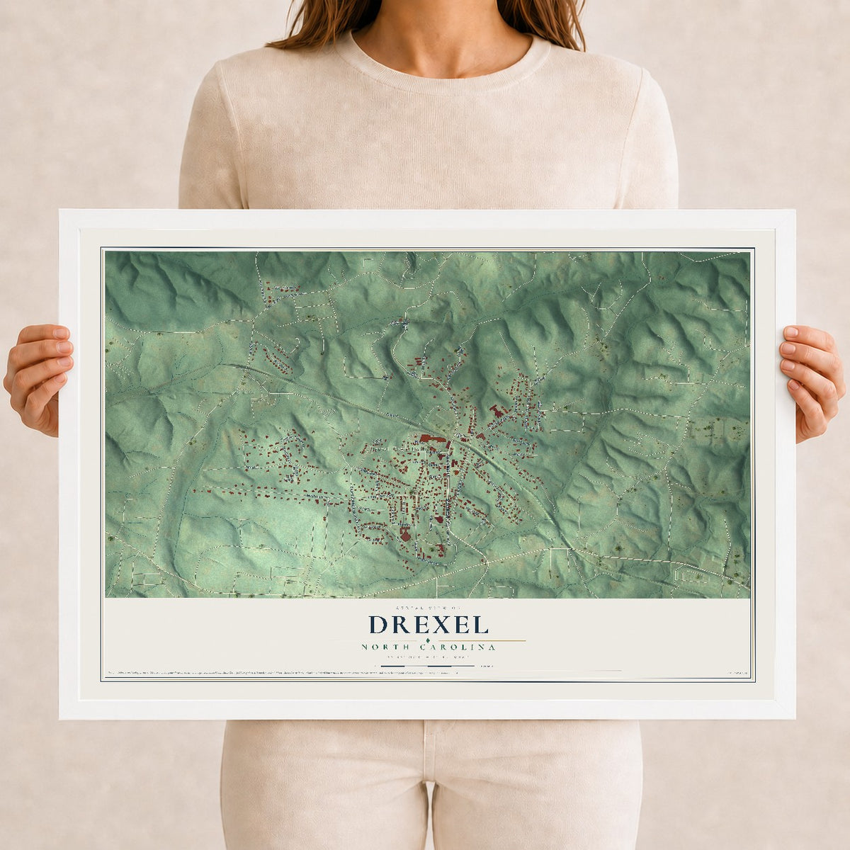 Map of Drexel, North Carolina, 12 x 18 inch print in a white wood frame