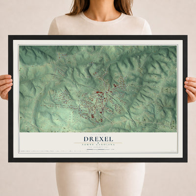 Map of Drexel, North Carolina, 18 x 24 inch print in a black wood frame