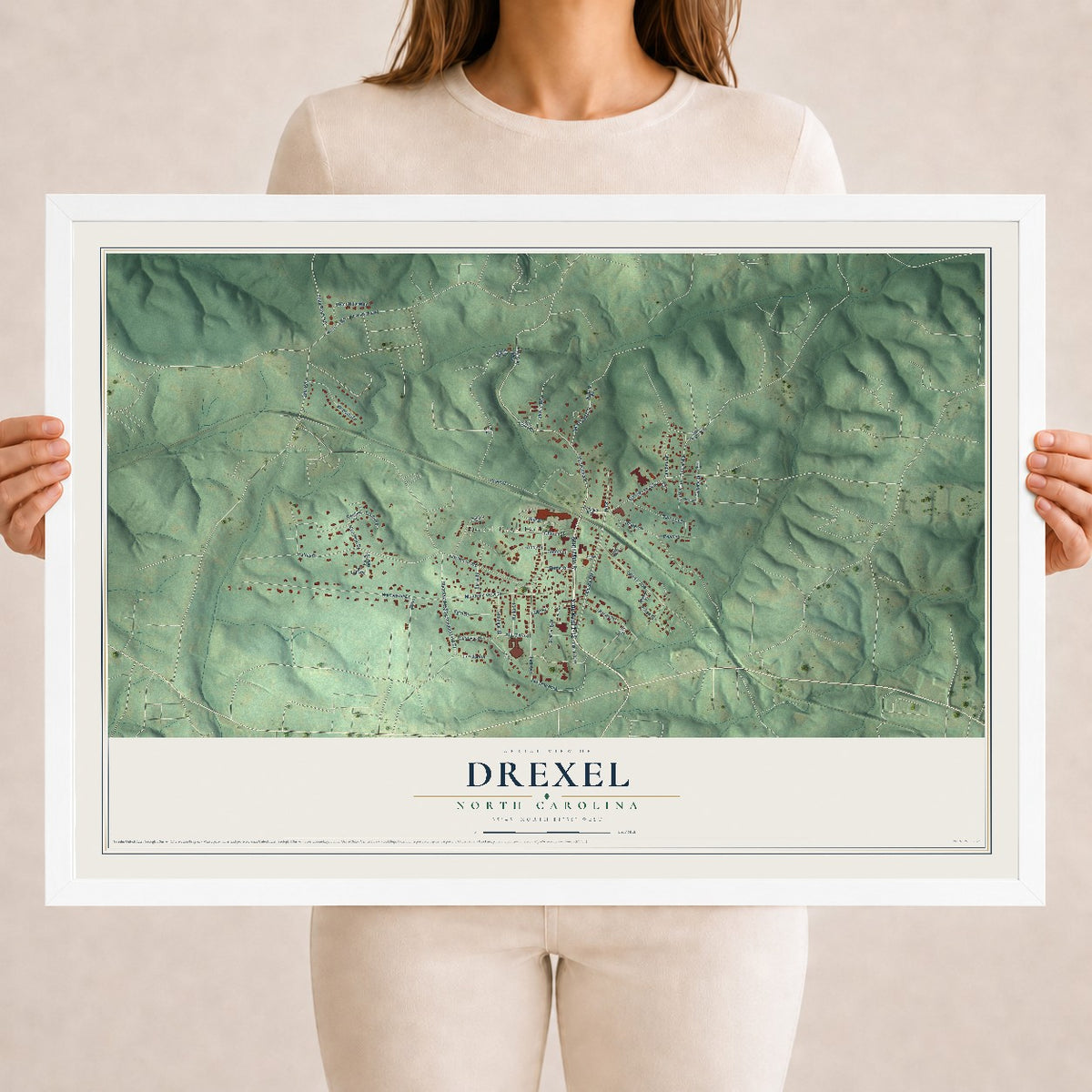 Map of Drexel, North Carolina, 18 x 24 inch print in a white wood frame